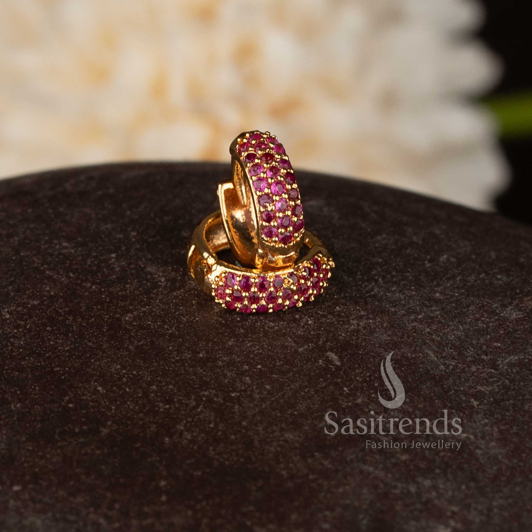 Premium guaranteed micro gold plated AD ring style hinged stud earrings in rich ruby shade suitable for festive traditional celebrations – Sasitrends 