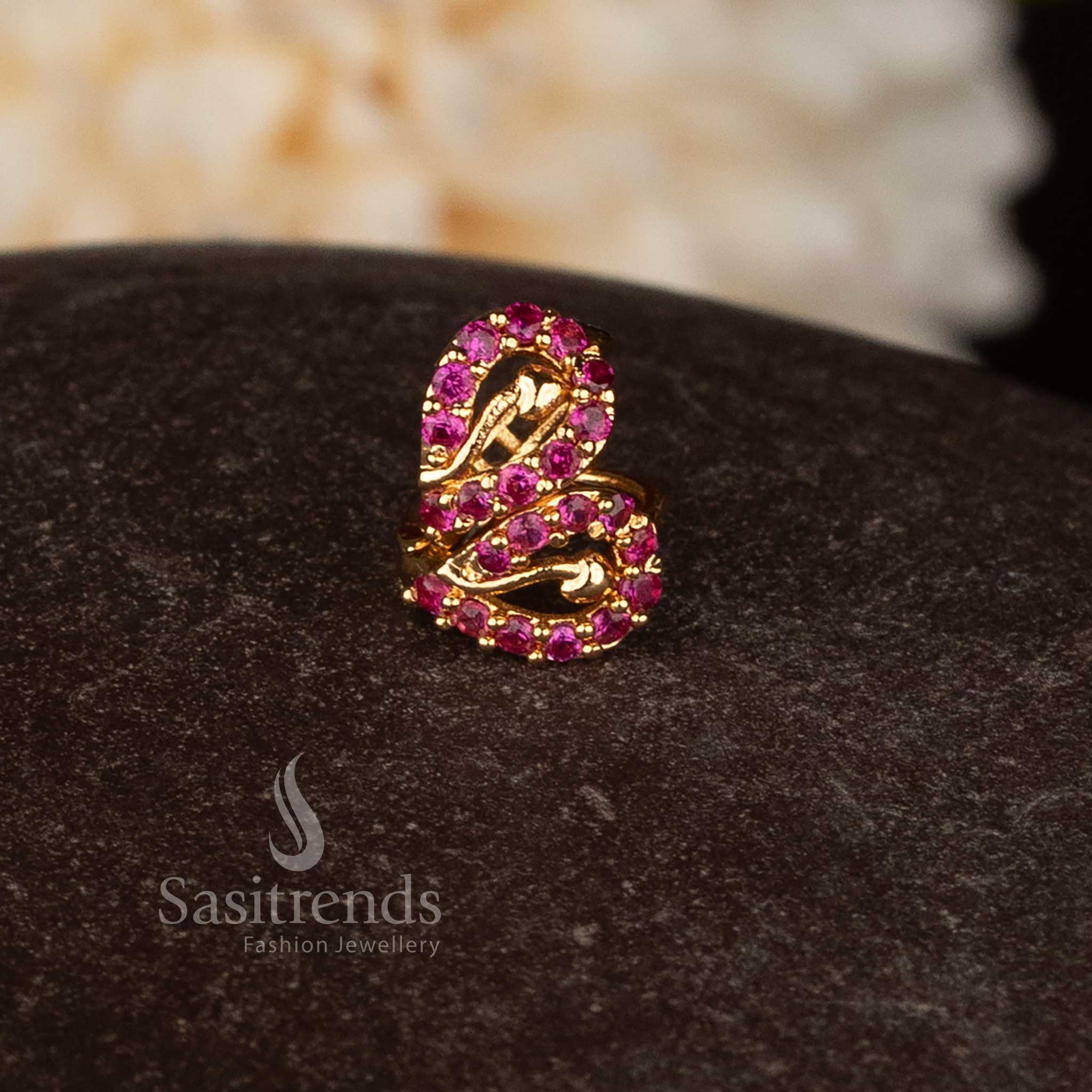 Guaranteed micro gold plated American diamond hinged clasp ring style stud earrings crafted in vibrant ruby red shade for traditional wear – Sasitrends 