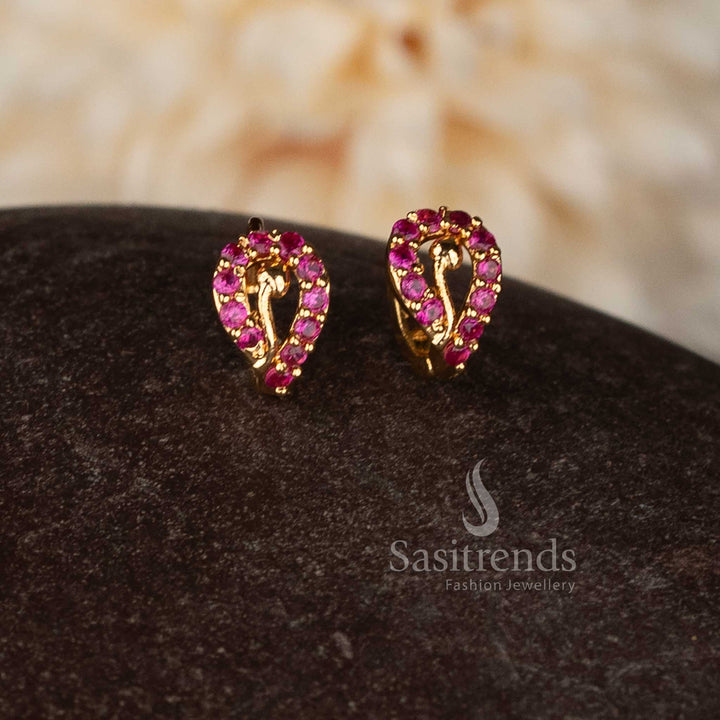 Guaranteed micro gold plated American diamond hinged clasp ring style stud earrings crafted in vibrant ruby red shade for traditional wear – Sasitrends