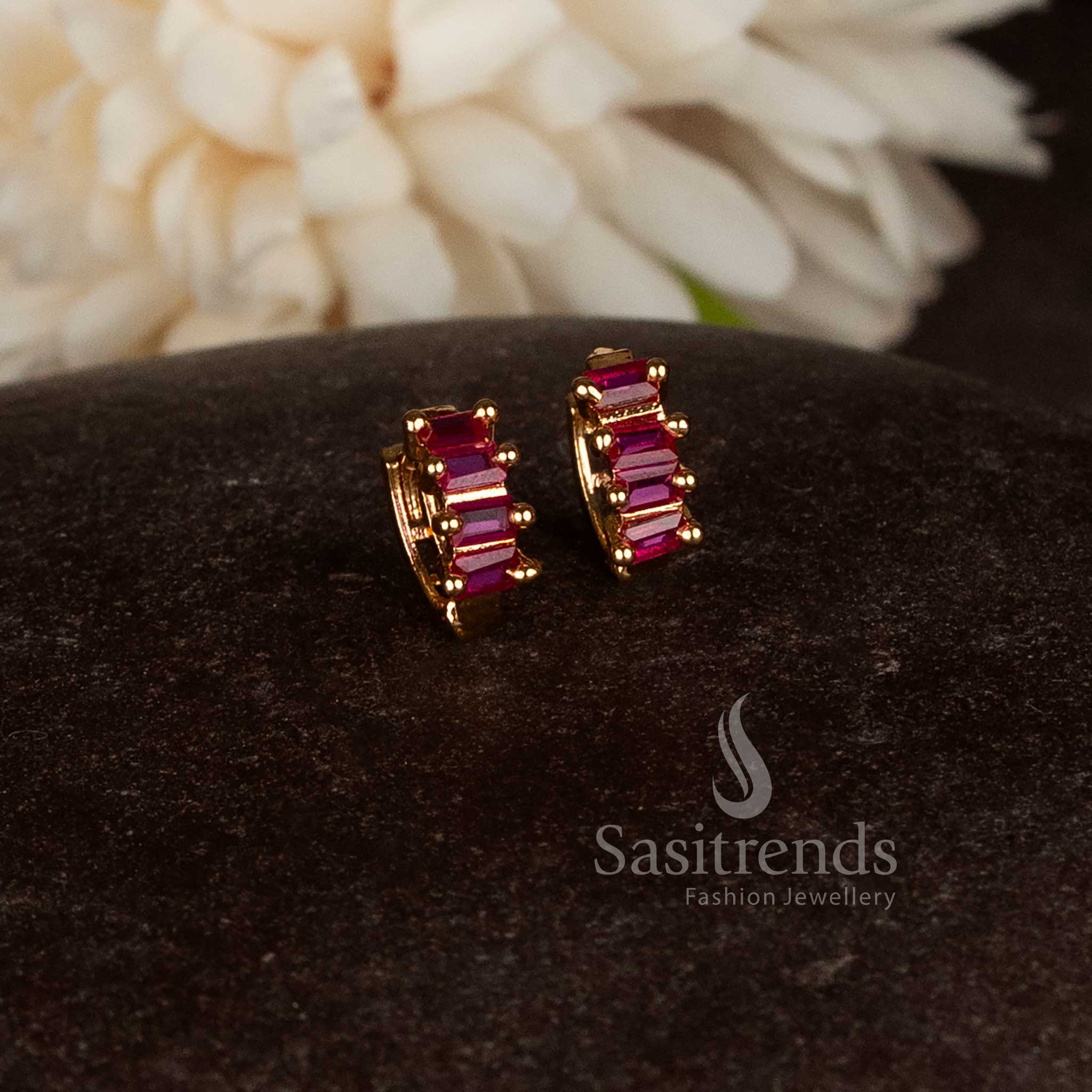 Guaranteed micro gold plated American diamond hinged clasp ring style stud earrings crafted in vibrant ruby red shade for traditional wear – Sasitrends