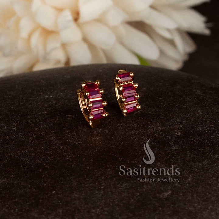 Guaranteed micro gold plated American diamond hinged clasp ring style stud earrings crafted in vibrant ruby red shade for traditional wear – Sasitrends