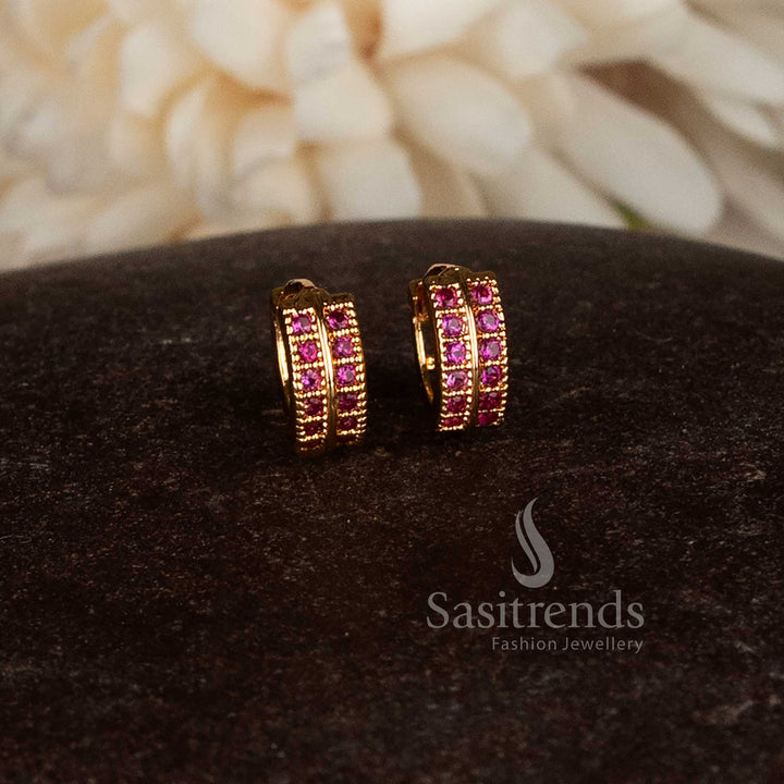 Guaranteed micro gold plated American diamond hinged clasp ring style stud earrings crafted in vibrant ruby red shade for traditional wear – Sasitrends