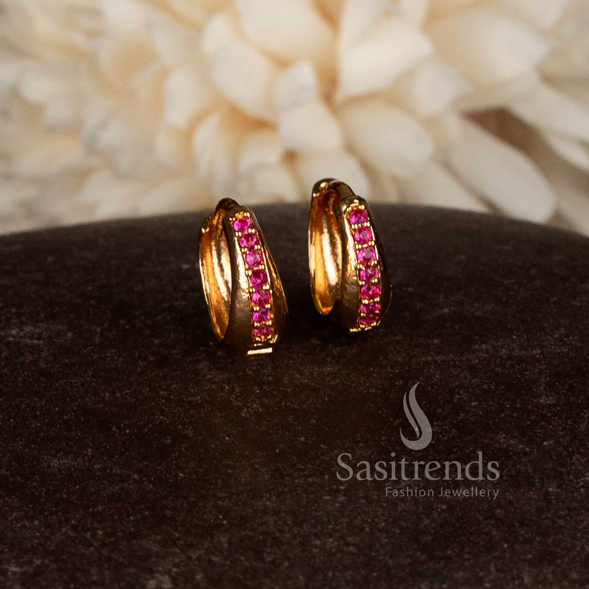 Guaranteed micro gold plated American diamond hinged clasp ring style stud earrings crafted in vibrant ruby red shade for traditional wear – Sasitrends