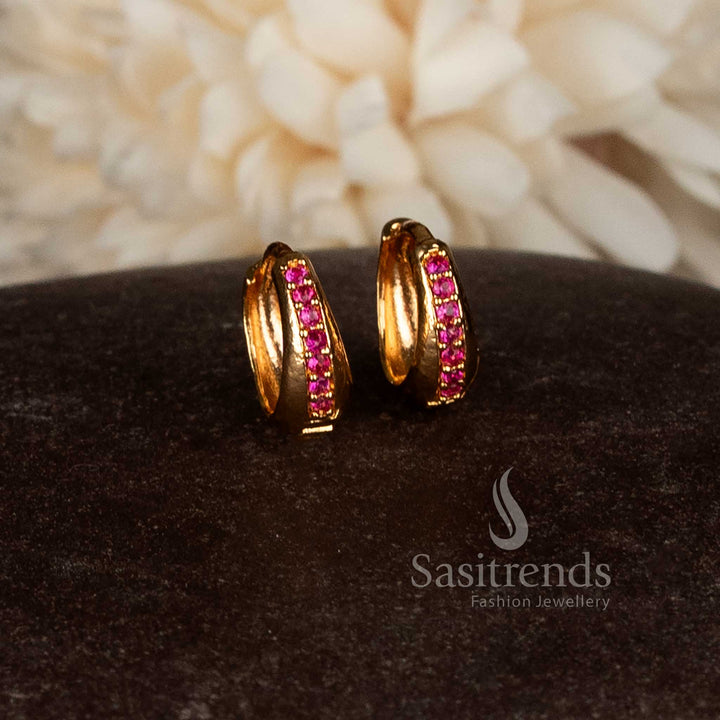Guaranteed micro gold plated American diamond hinged clasp ring style stud earrings crafted in vibrant ruby red shade for traditional wear – Sasitrends