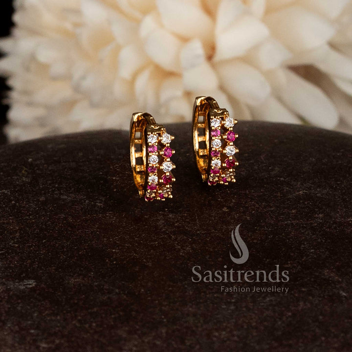 Guaranteed micro gold plated American diamond hinged clasp ring style stud earrings crafted in vibrant ruby red shade for traditional wear – Sasitrends