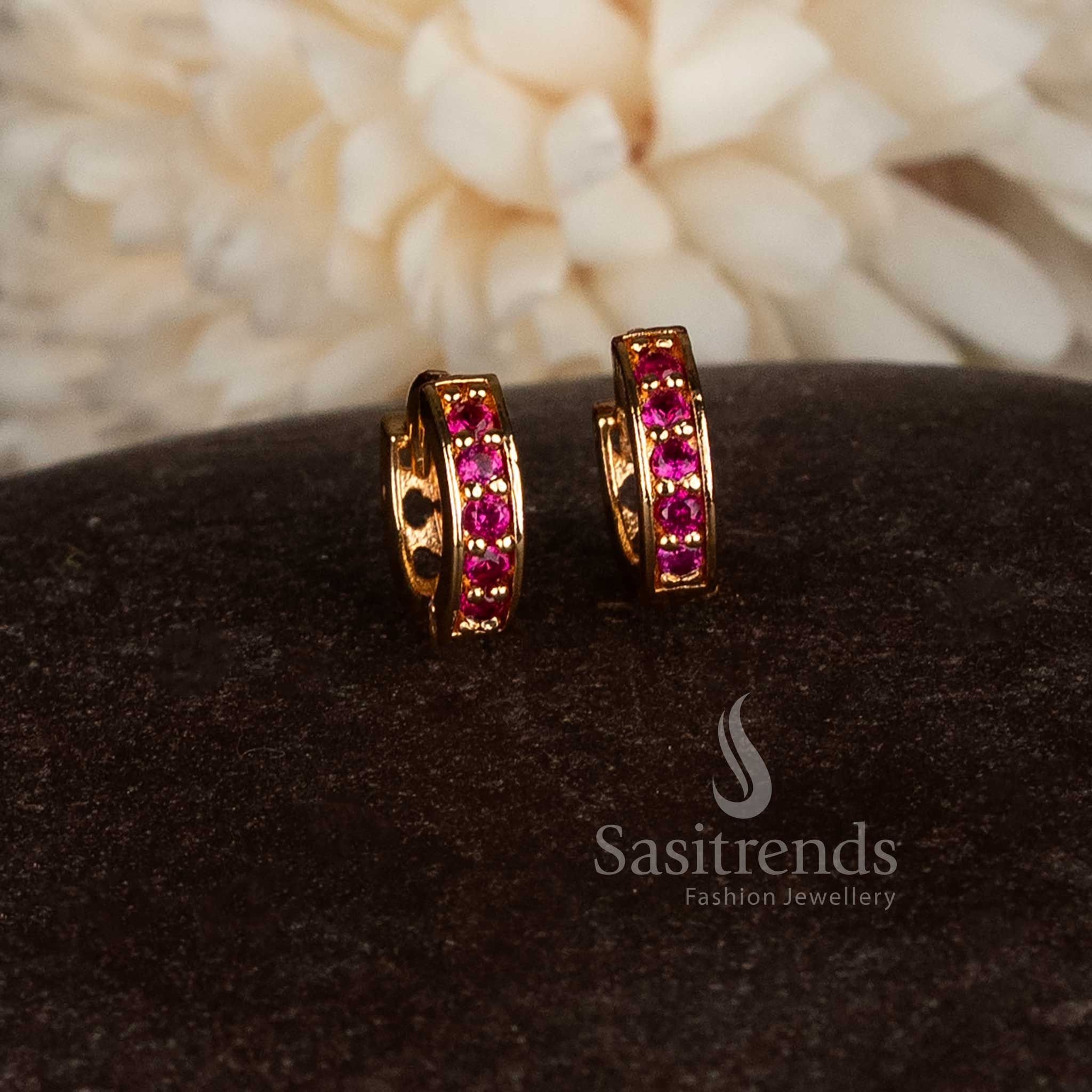 Guaranteed micro gold plated American diamond hinged clasp ring style stud earrings crafted in vibrant ruby red shade for traditional wear – Sasitrends