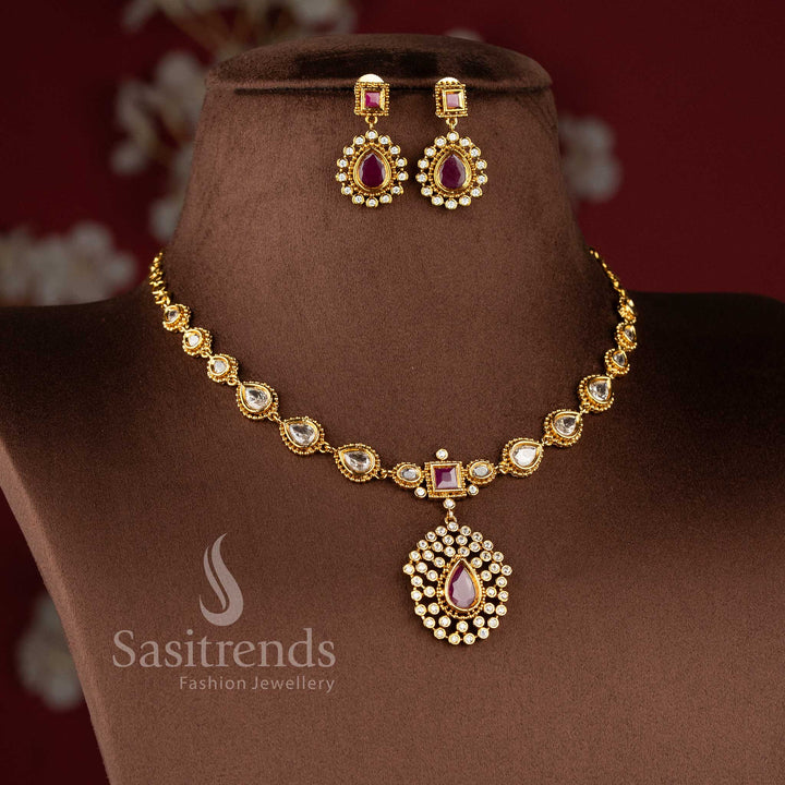 Royal Teardrop American Diamond Matte Gold Plated Necklace Set for Festive Wear - Sasitrends