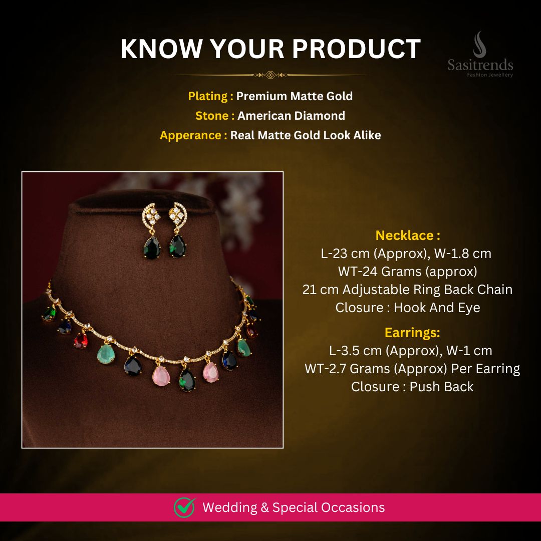 Matte Gold Plated AD Necklace Set Measurement Image - Sasitrends