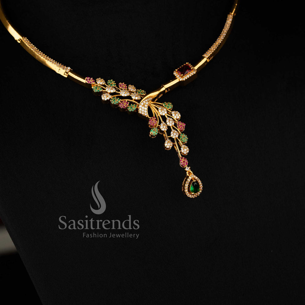Elegant matte gold plated necklace set with simple linear diamond arrangement - Sasitrends