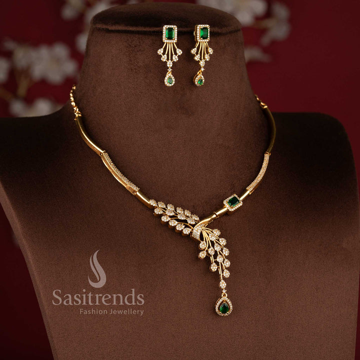 American Diamond Matte Gold Plated Floral Vine Drop Design Flexible Line Necklace Jewellery Set with White Ruby Stones for Bridal and Festive Wear - Sasitrends