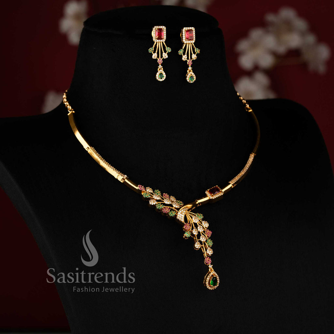 Elegant matte gold plated necklace set with simple linear diamond arrangement - Sasitrends 