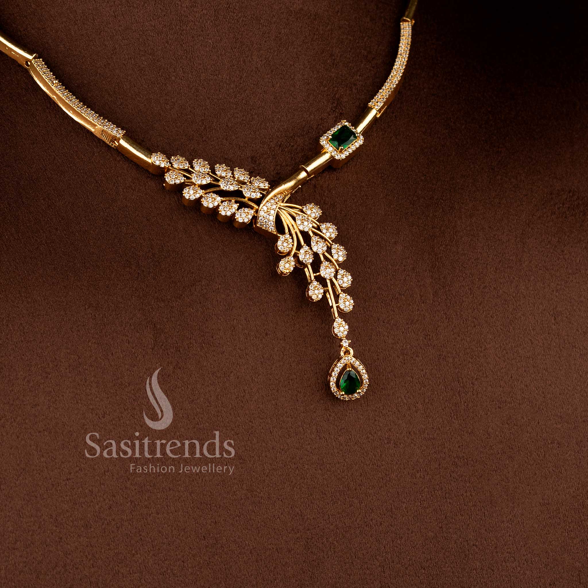 White Ruby Floral Vine Drop Necklace Set with sparkling American Diamond stones and matte gold plated finish - Sasitrends