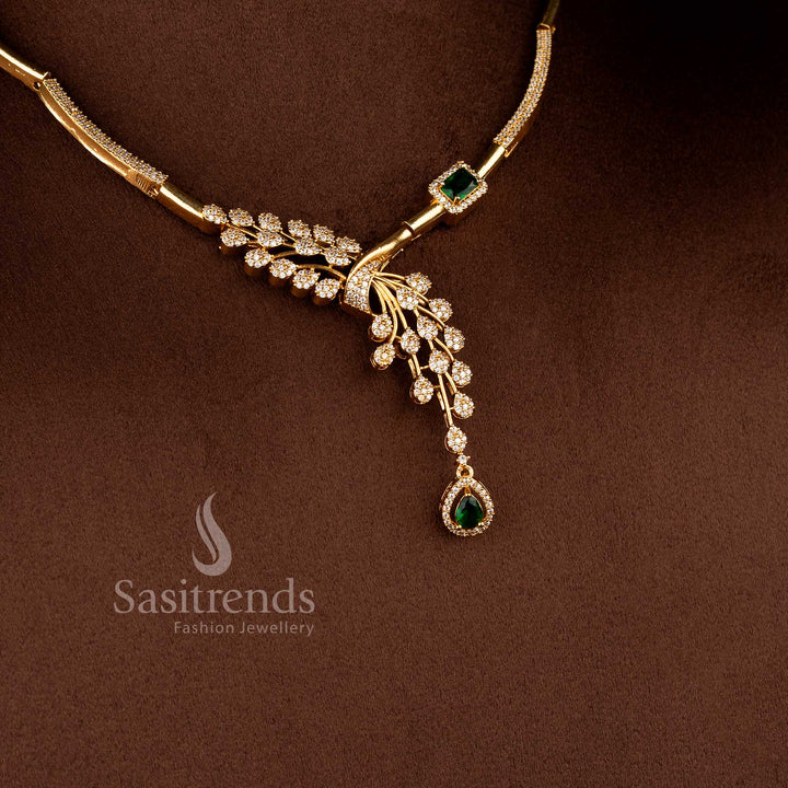 White Ruby Floral Vine Drop Necklace Set with sparkling American Diamond stones and matte gold plated finish - Sasitrends