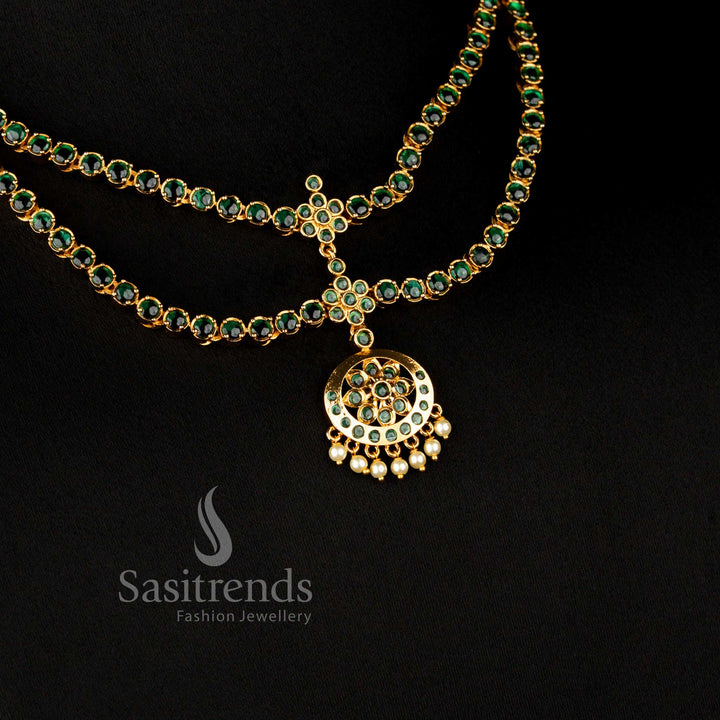 Traditional Matte Gold Plated AD Two-Layer Necklace with Crescent Floral Pendant for Festive and Wedding Wear - Sasitrends