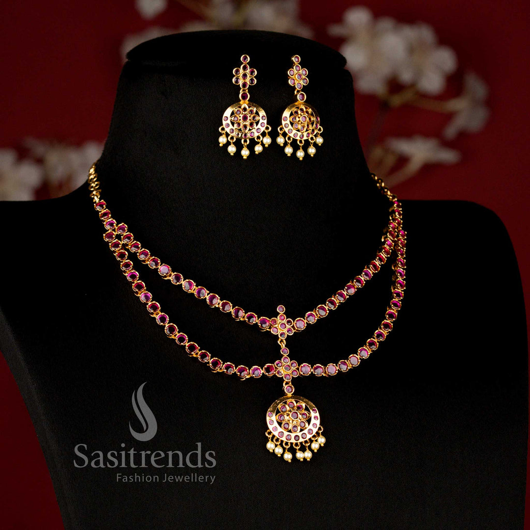 Elegant Matte Gold Plated Two-Layer Necklace featuring American Diamond Round Stones and Crescent Floral Pendant - Sasitrends