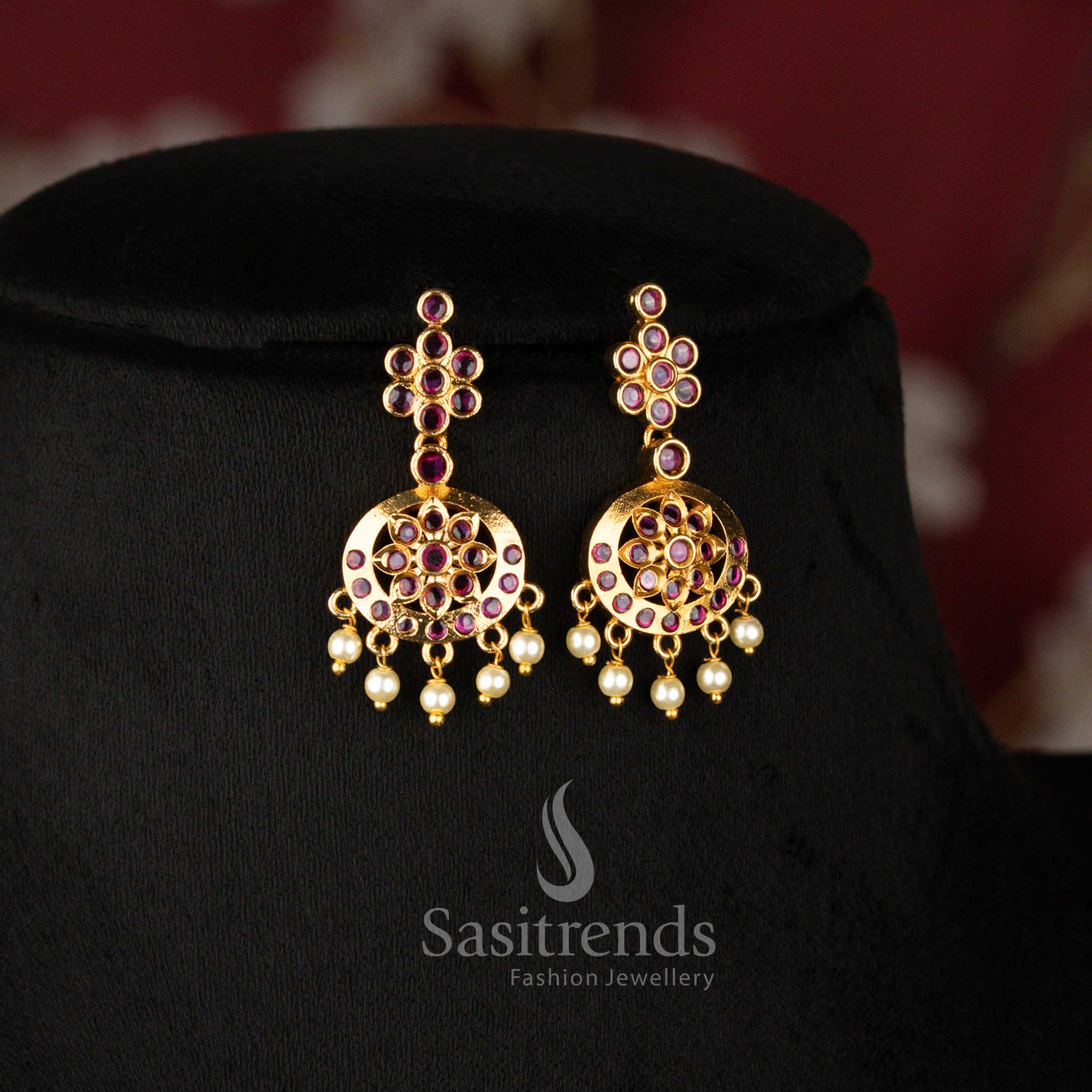 Elegant Matte Gold Plated Two-Layer Necklace featuring American Diamond Round Stones and Crescent Floral Pendant - Sasitrends