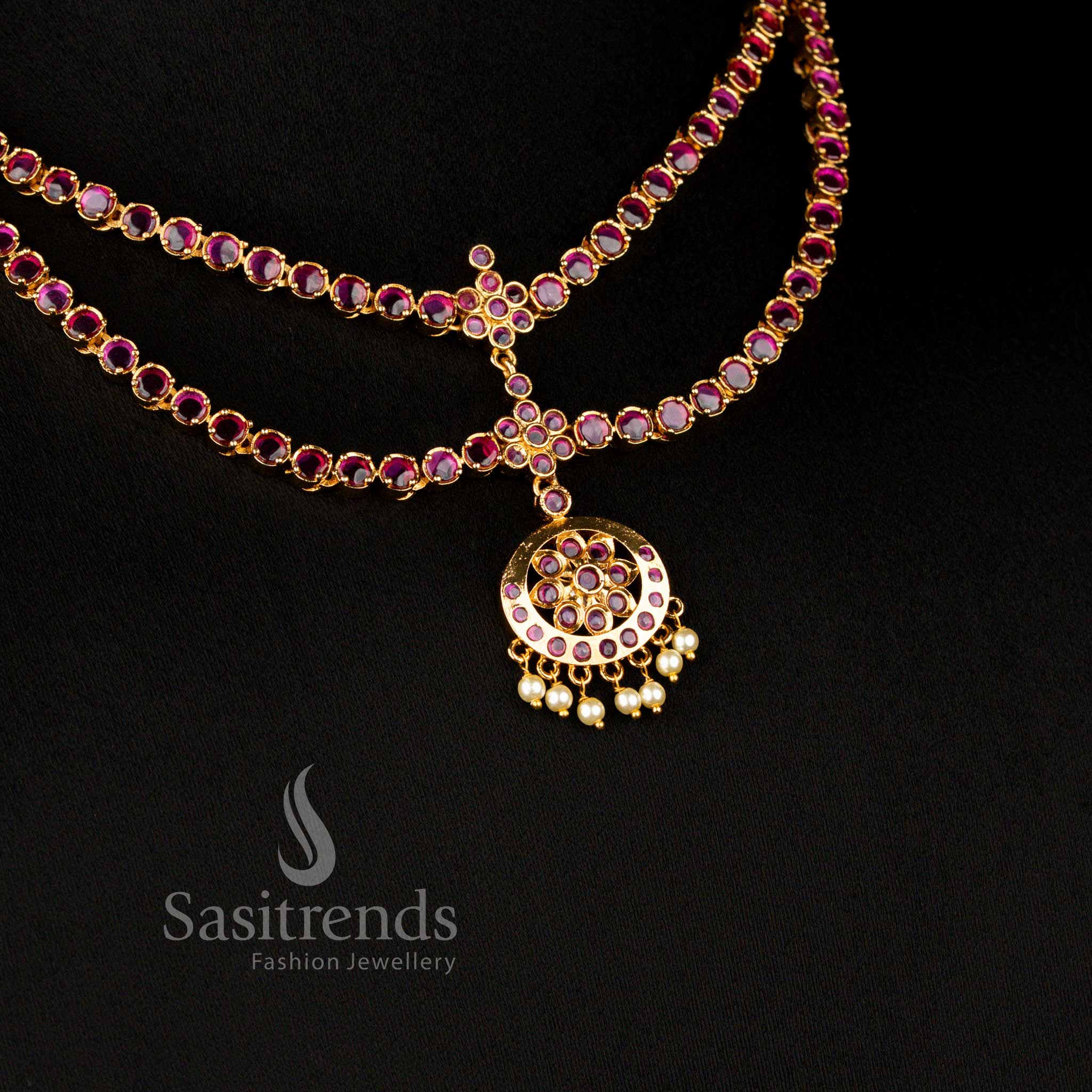 1.	Matte Gold Plated AD Round Stone Crescent Floral Pendant Two-Layer Necklace Set with Traditional Gold Look Finish for Women - Sasitrends
