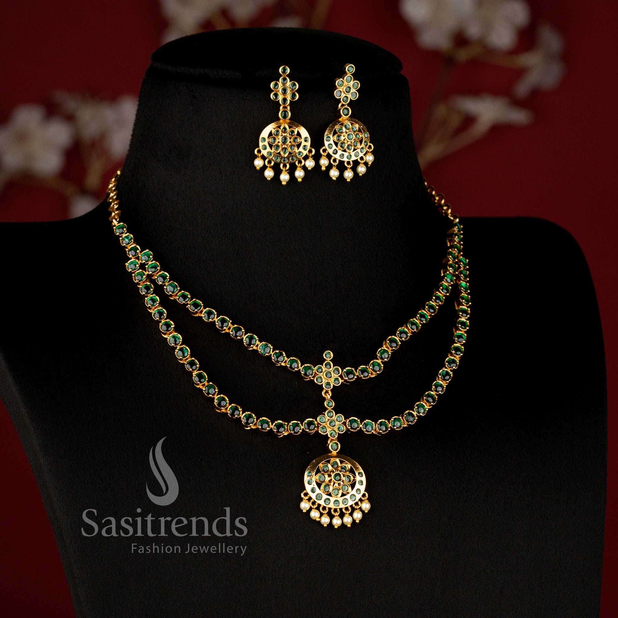 Traditional Matte Gold Plated AD Two-Layer Necklace with Crescent Floral Pendant for Festive and Wedding Wear - Sasitrends