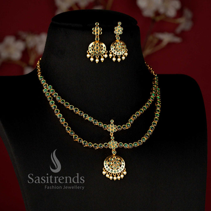 Traditional Matte Gold Plated AD Two-Layer Necklace with Crescent Floral Pendant for Festive and Wedding Wear - Sasitrends