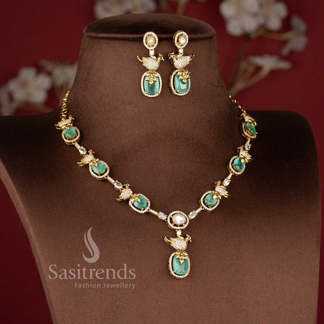 Matte Gold Plated American Diamond Peacock Jewellery Set for Weddings - Sasitrends