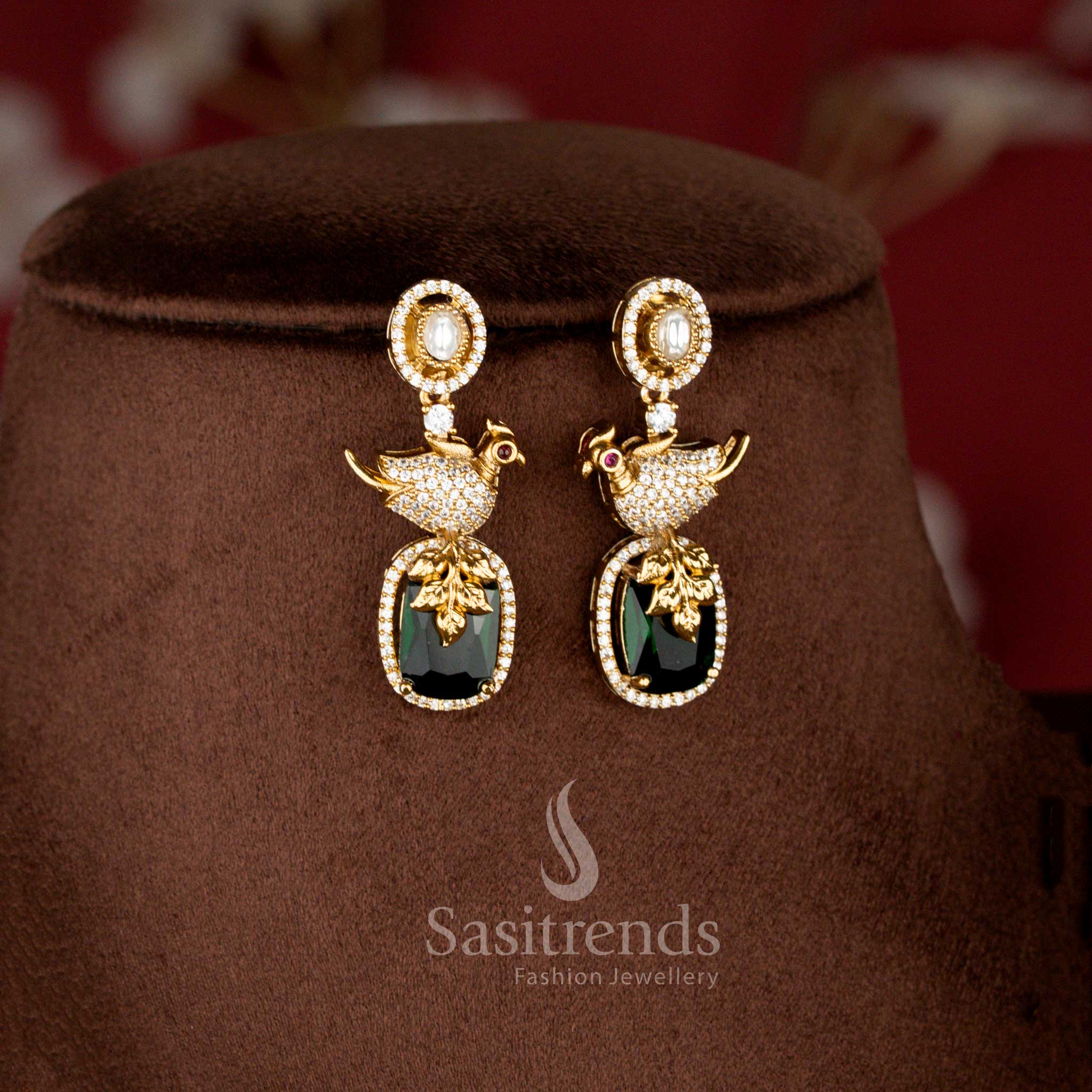 Premium Matte Gold Plated Peacock Motif Necklace with Matching Drop Earrings - Sasitrends