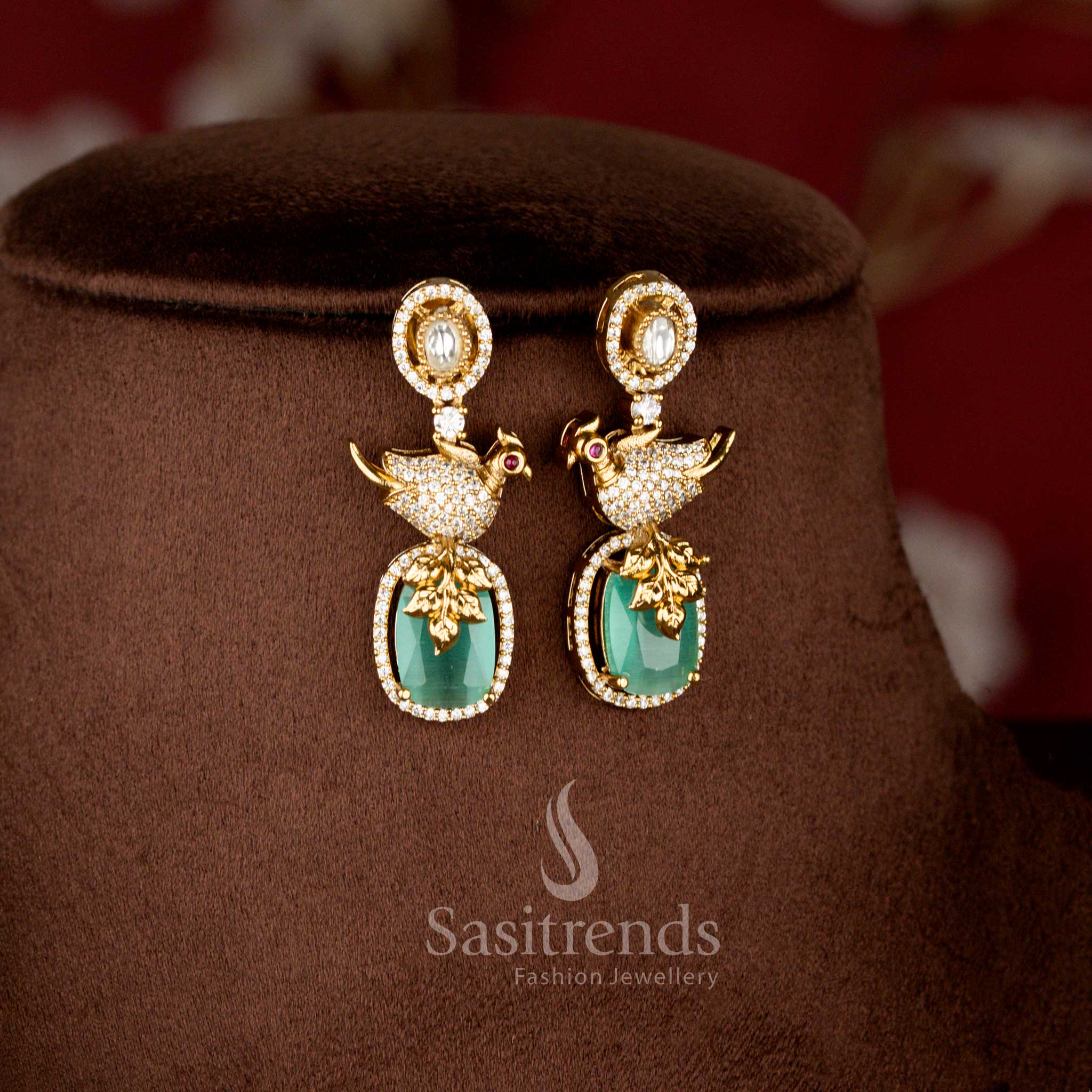 Matte Gold Plated American Diamond Peacock Jewellery Set for Weddings - Sasitrends