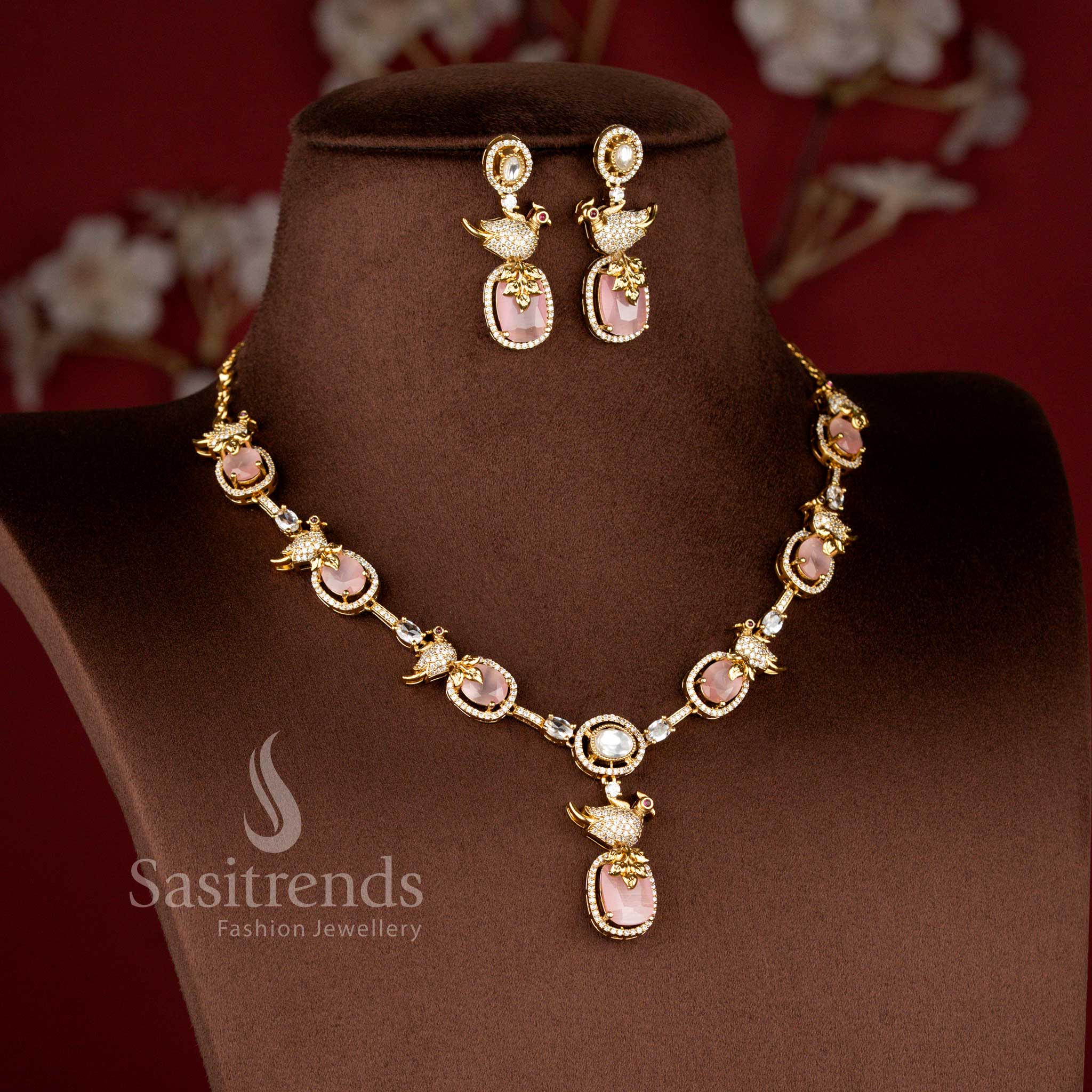 Matte Gold Plated American Diamond Peacock Jewellery Set for Weddings - Sasitrends