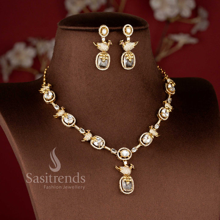 Matte Gold Plated American Diamond Peacock Jewellery Set for Weddings - Sasitrends