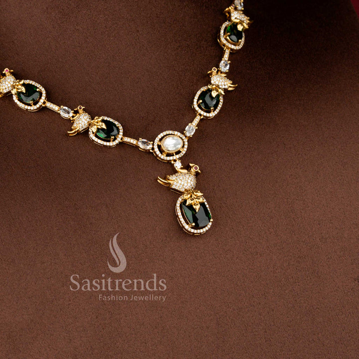 Matte Gold Plated American Diamond Peacock Necklace Set - Sasitrends