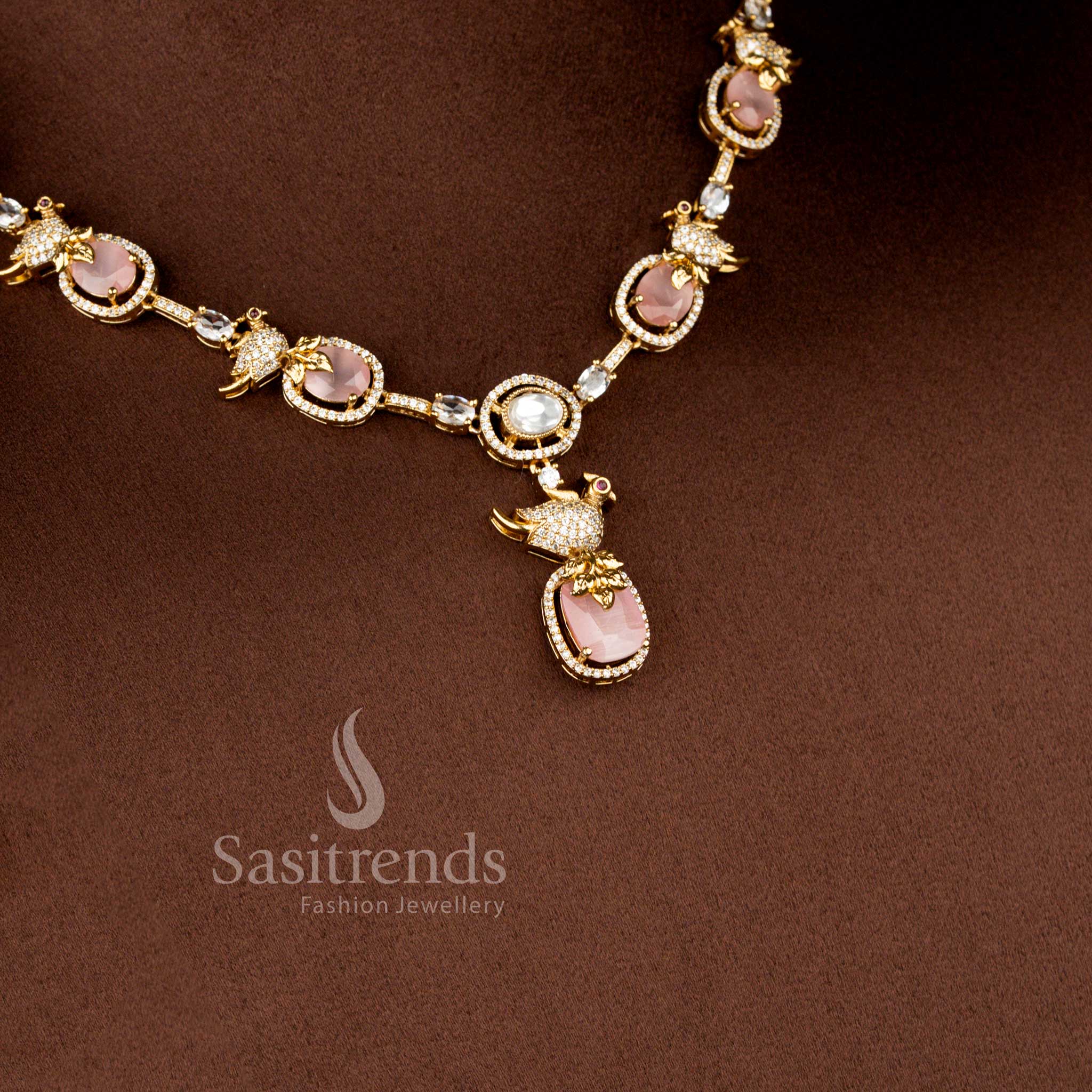Premium Matte Gold Plated Peacock Motif Necklace with Matching Drop Earrings - Sasitrends