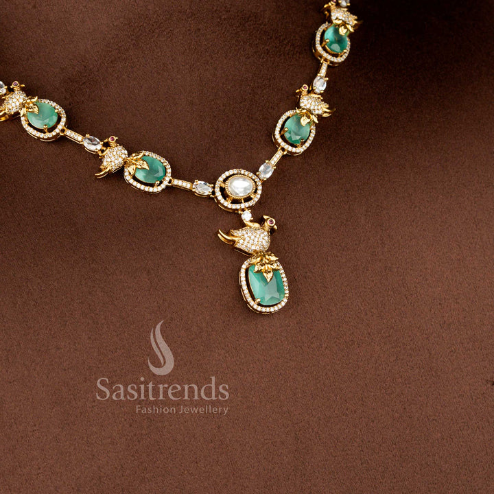 Matte Gold Plated American Diamond Peacock Jewellery Set for Weddings - Sasitrends