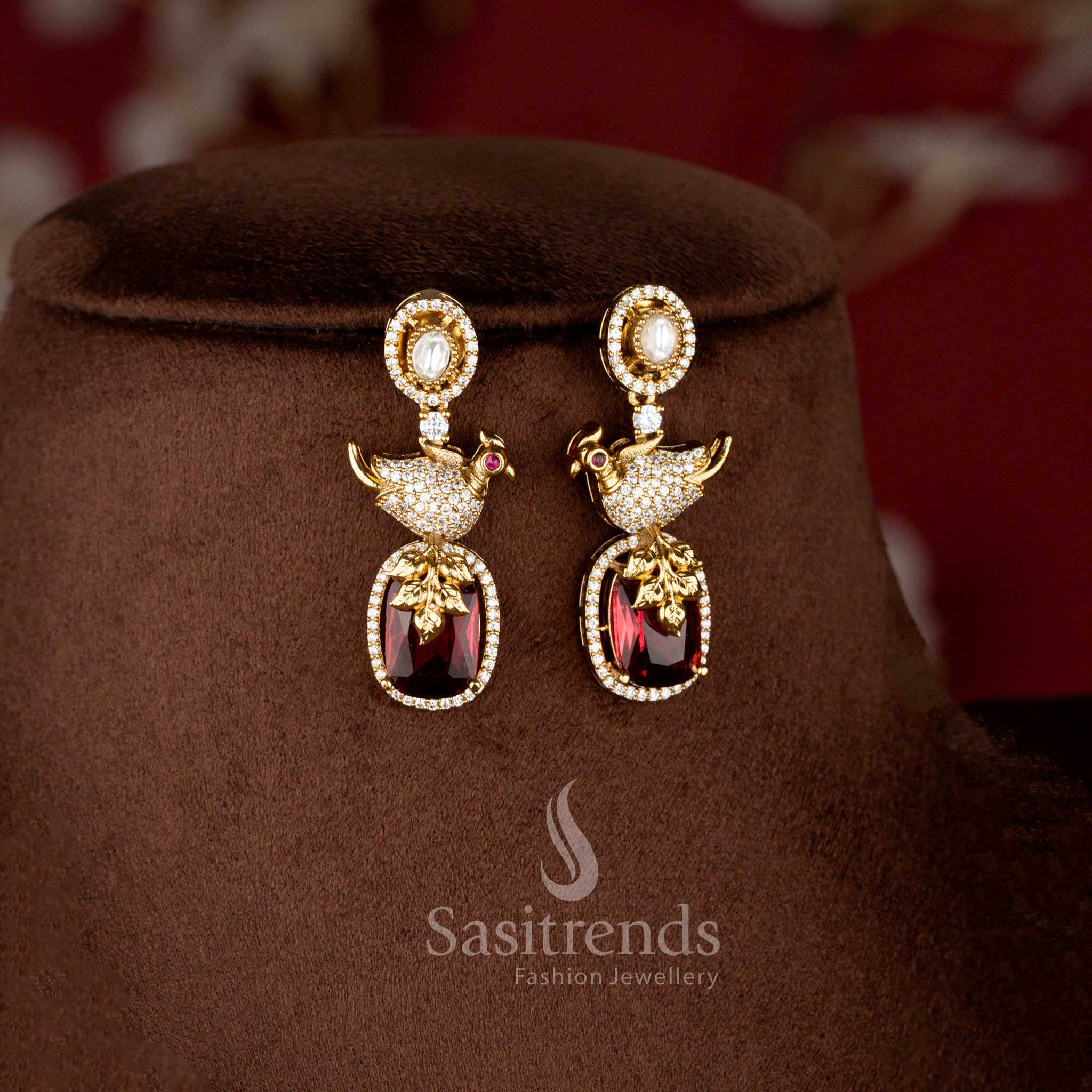 Premium Matte Gold Plated Peacock Motif Necklace with Matching Drop Earrings - Sasitrends