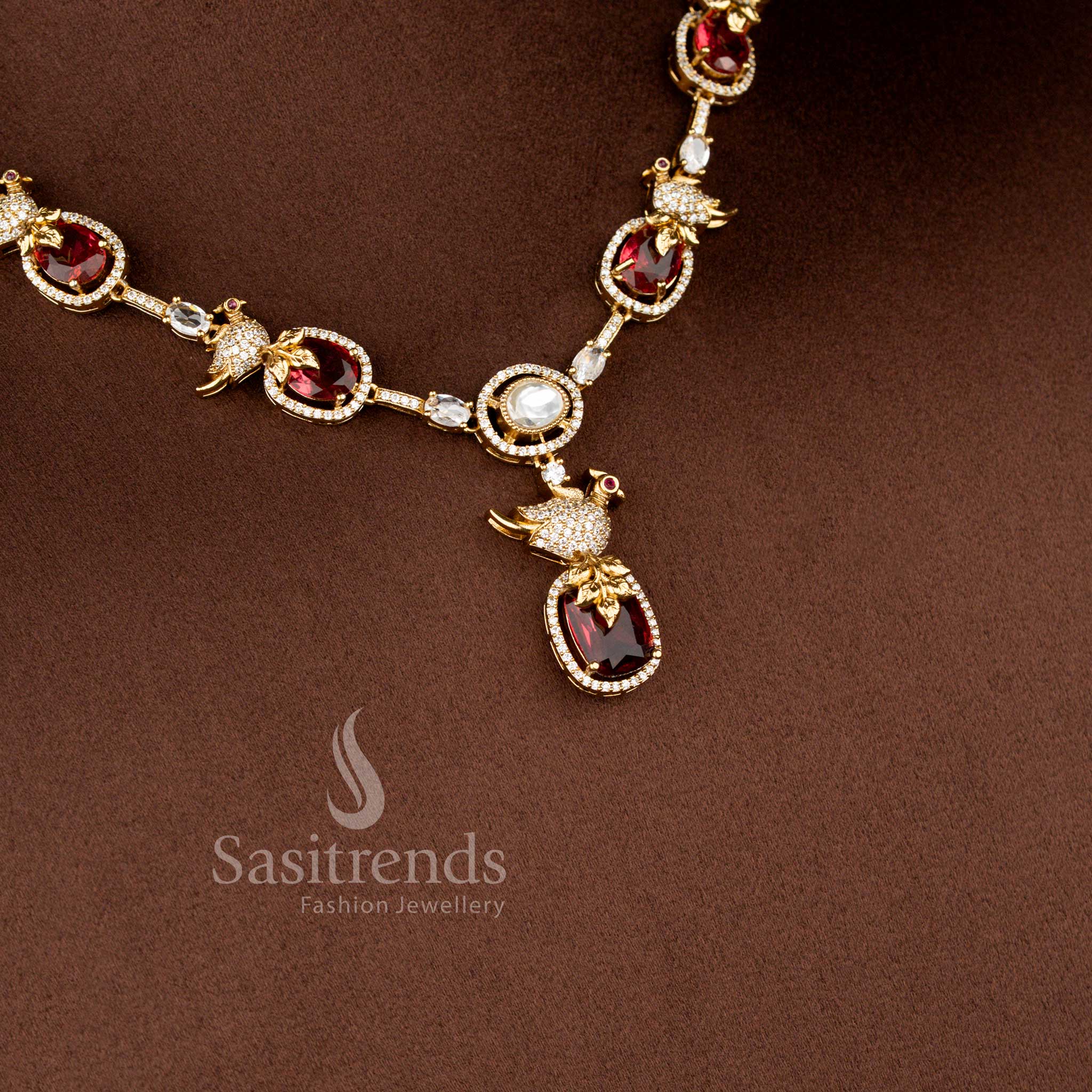 Premium Matte Gold Plated Peacock Motif Necklace with Matching Drop Earrings - Sasitrends