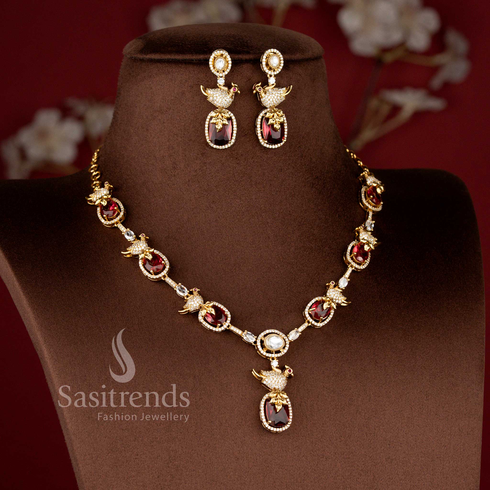 Premium Matte Gold Plated Peacock Motif Necklace with Matching Drop Earrings - Sasitrends