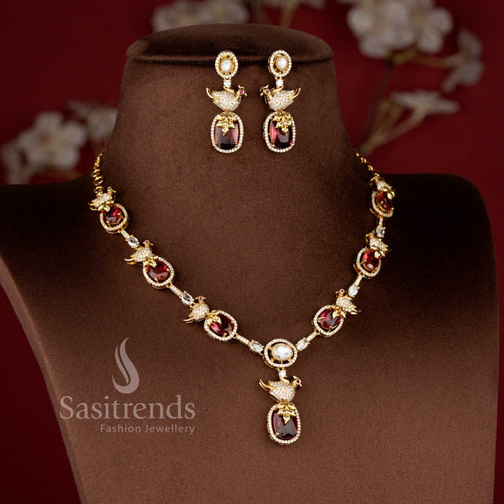 Premium Matte Gold Plated Peacock Motif Necklace with Matching Drop Earrings - Sasitrends