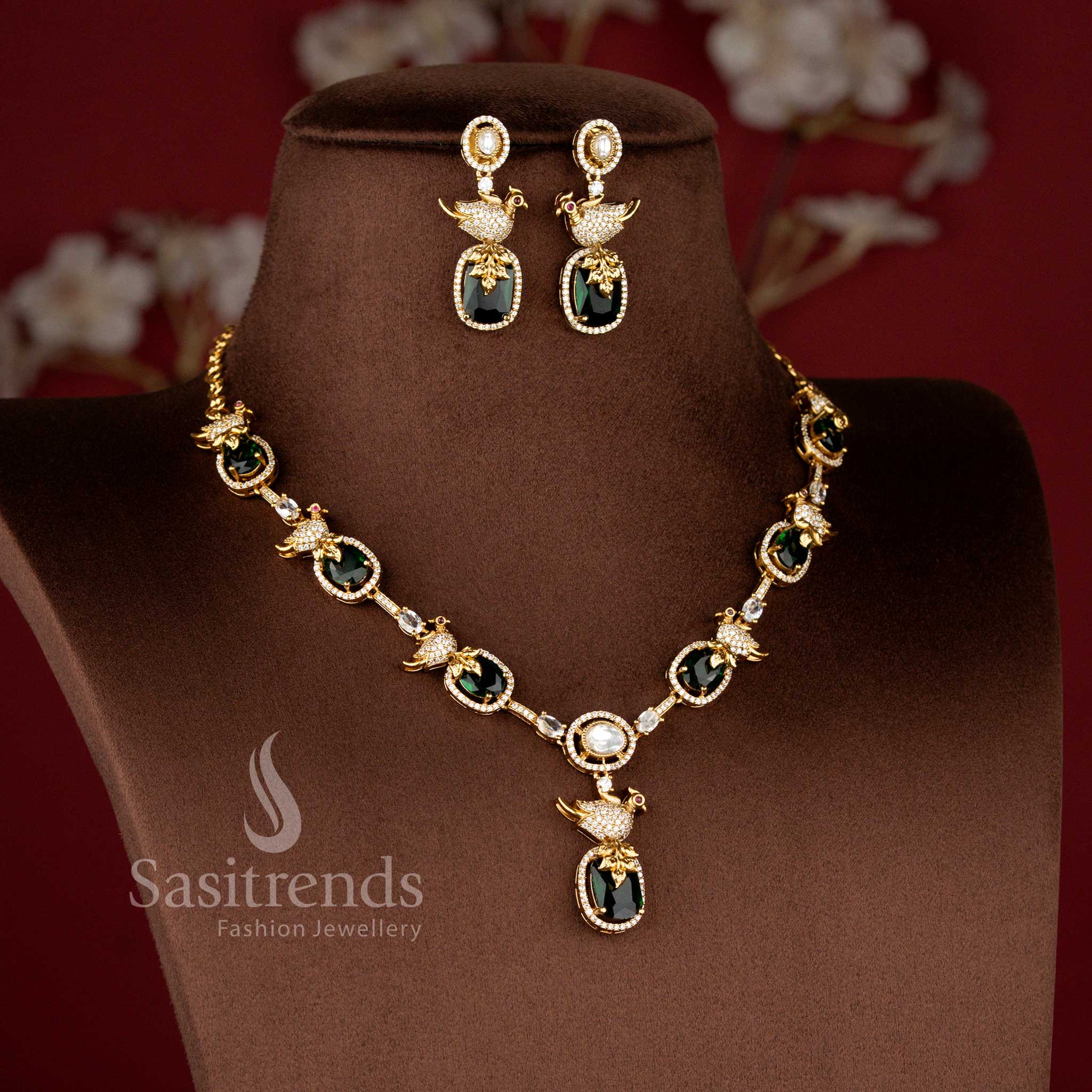 Premium Matte Gold Plated Peacock Motif Necklace with Matching Drop Earrings - Sasitrends