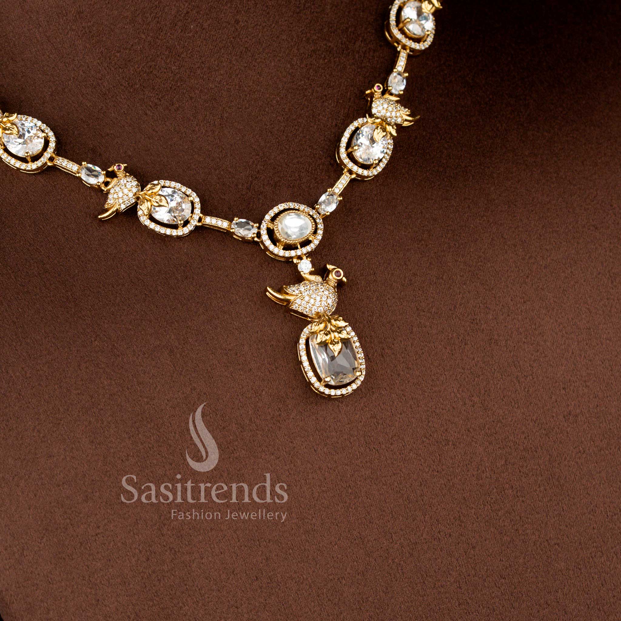 Matte Gold Plated American Diamond Peacock Jewellery Set for Weddings - Sasitrends