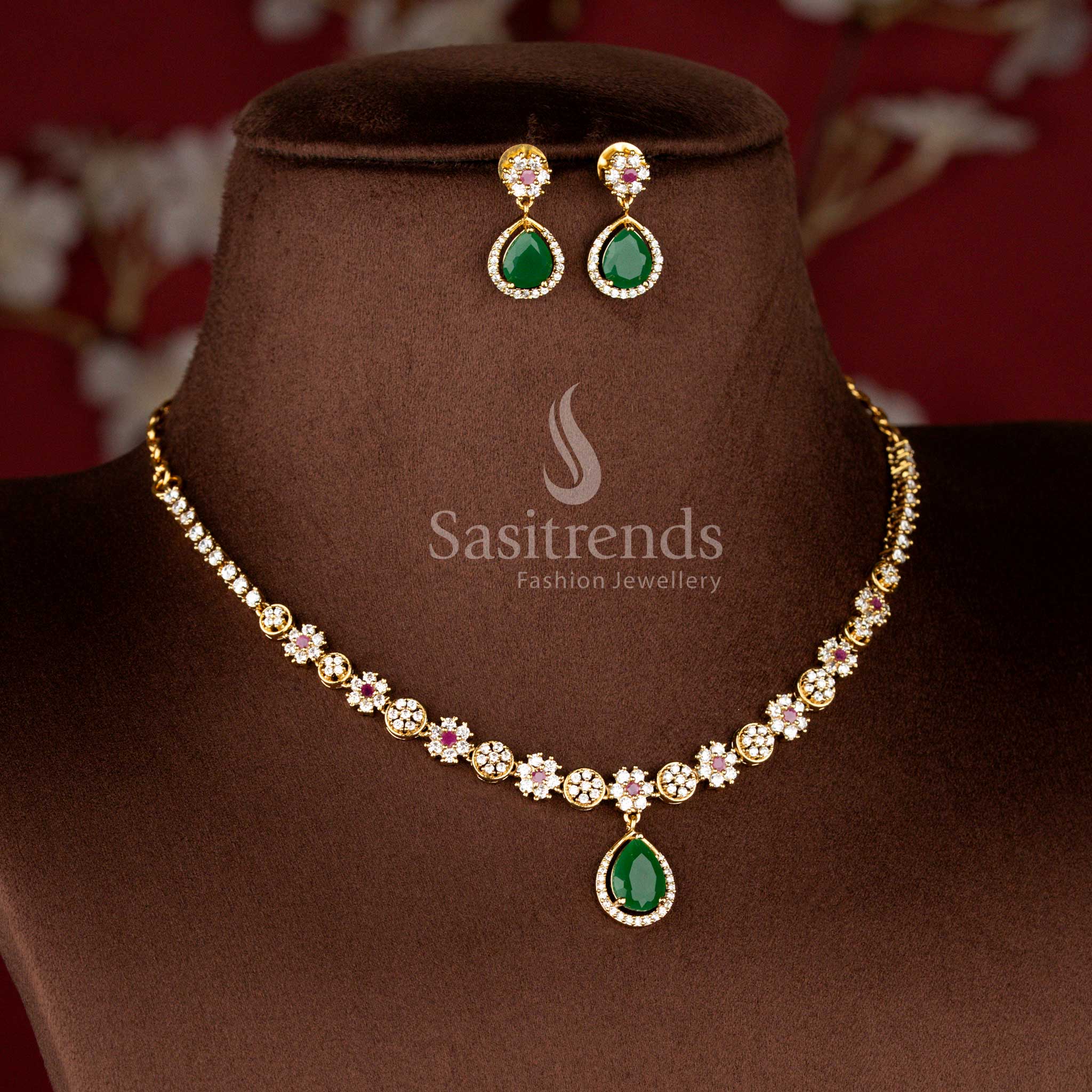 Elegant Matte Gold Plated American Diamond Floral Necklace Set with Teardrop Pendant for Wedding and Festive Wear - Sasitrends