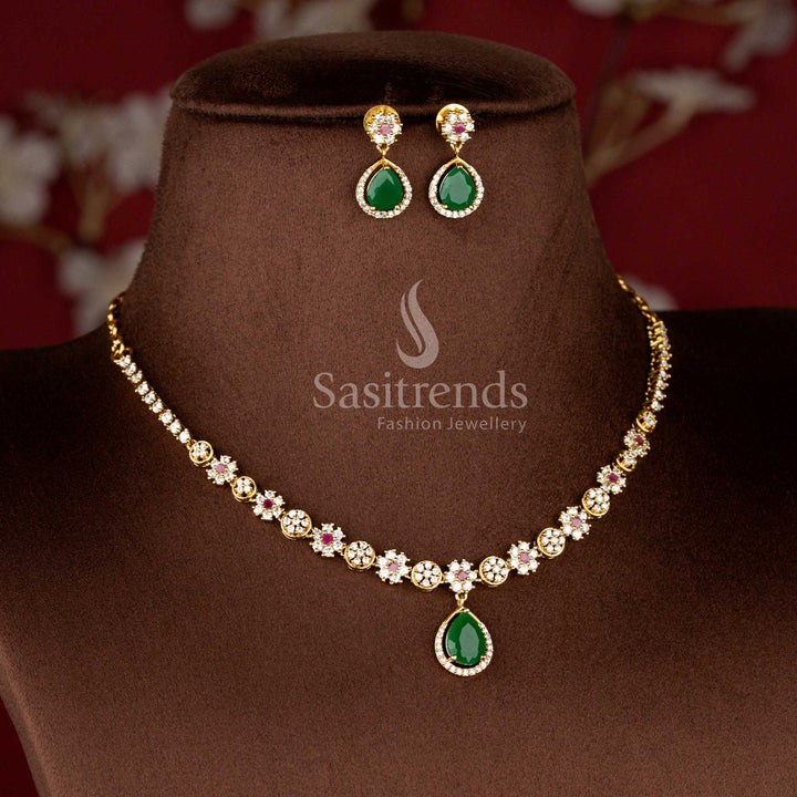 Elegant Matte Gold Plated American Diamond Floral Necklace Set with Teardrop Pendant for Wedding and Festive Wear - Sasitrends