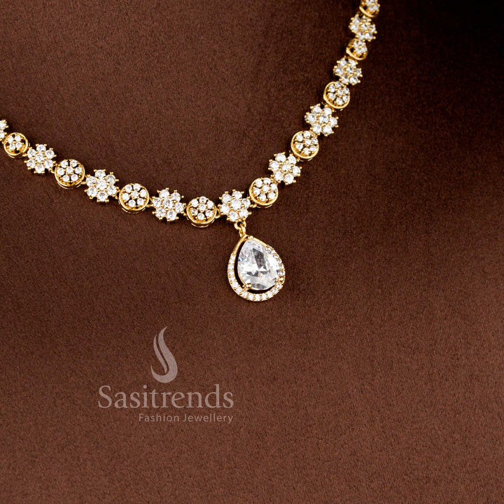 Matte Gold Plated Floral necklace with American Diamond Teardrop Pendant - Sasitrends
