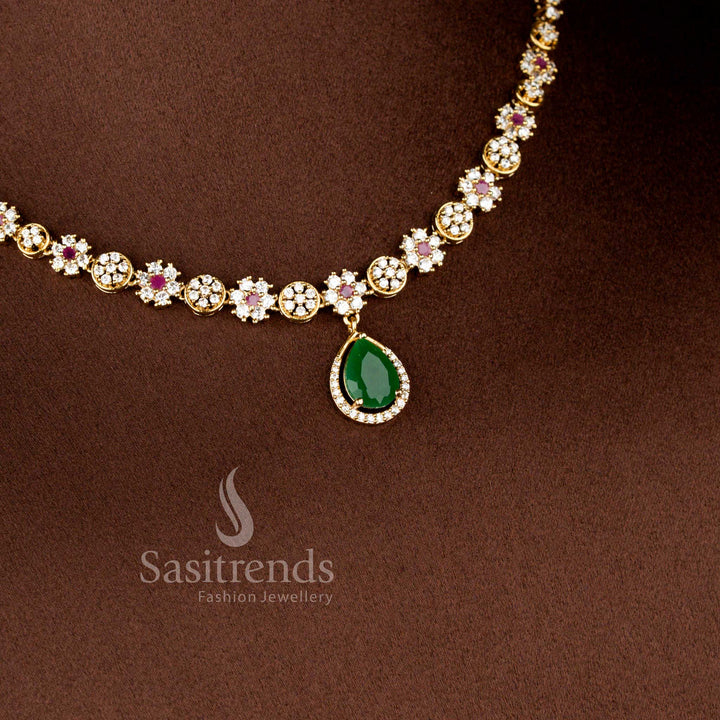 Elegant Matte Gold Plated American Diamond Floral Necklace Set with Teardrop Pendant for Wedding and Festive Wear - Sasitrends