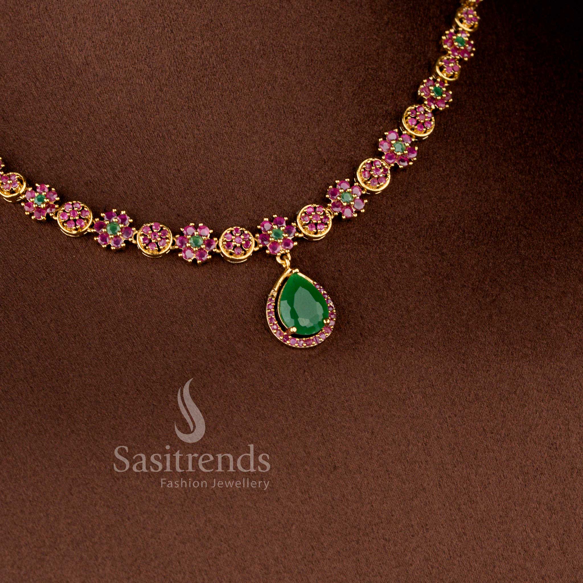 Matte Gold Plated American Diamond Floral Teardrop Necklace Set with Earrings for Women - Sasitrends