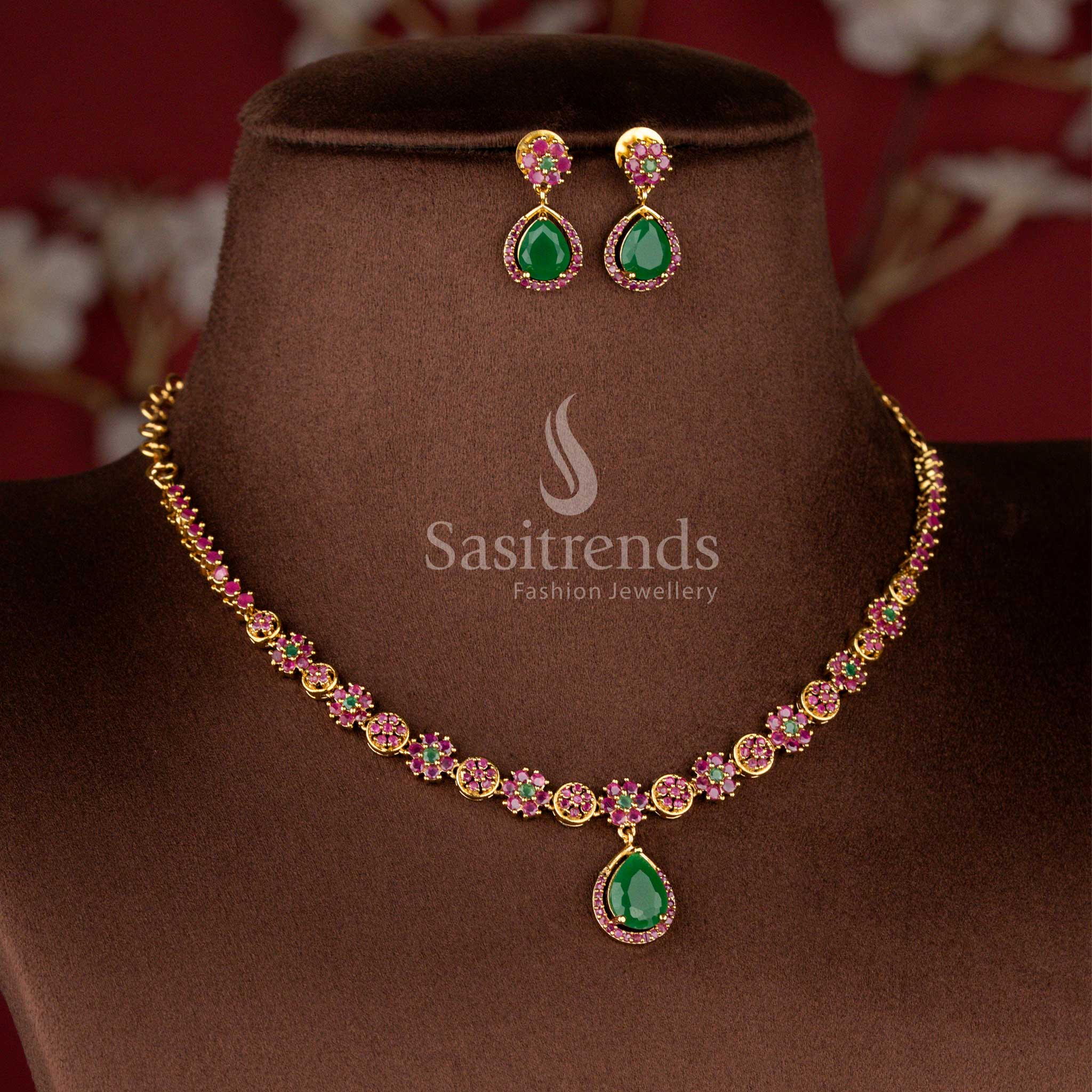 Elegant Matte Gold Plated American Diamond Floral Necklace Set with Teardrop Pendant for Wedding and Festive Wear - Sasitrends