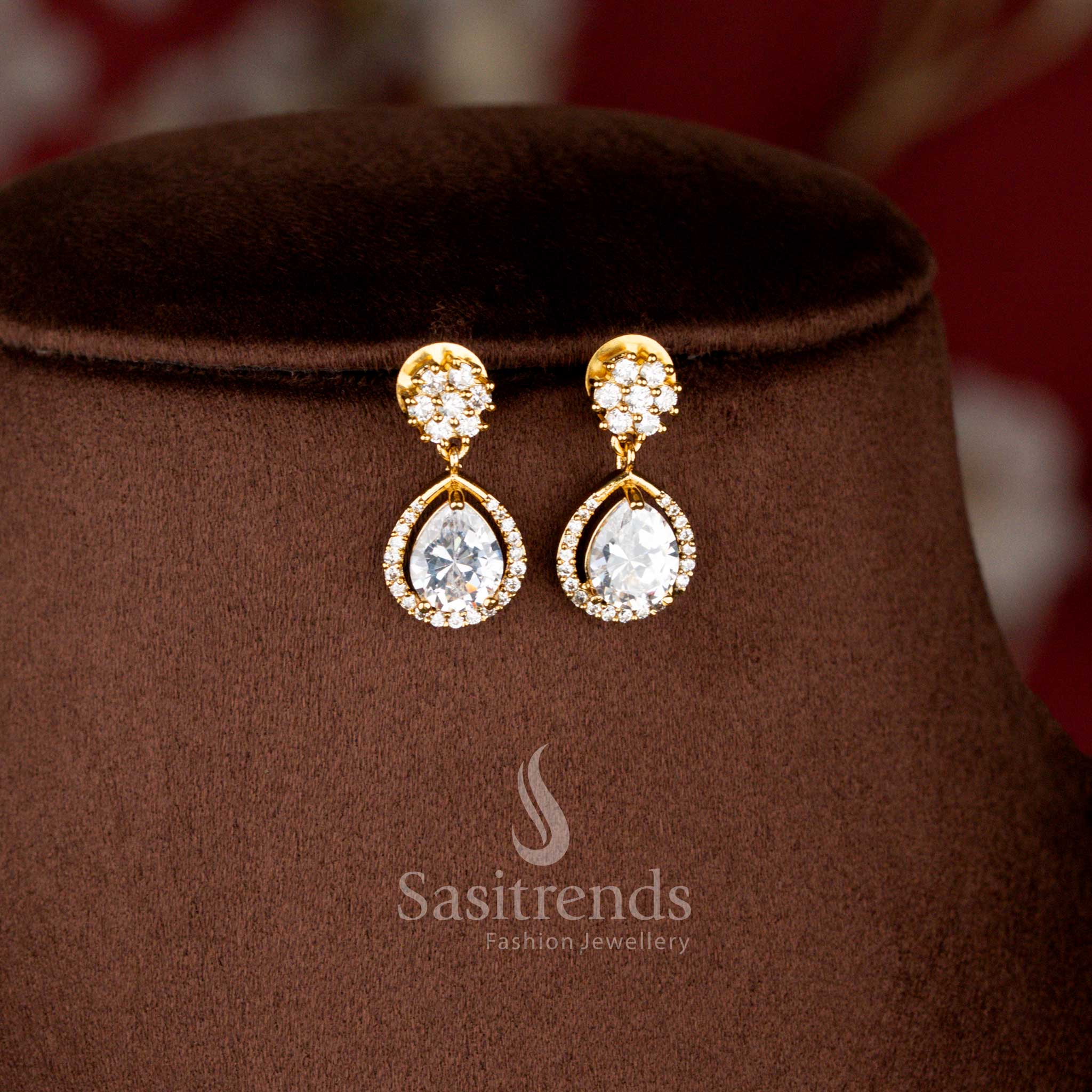 Close-up View of Matte Gold Plated Floral Chain with American Diamond Teardrop Pendant - Sasitrends