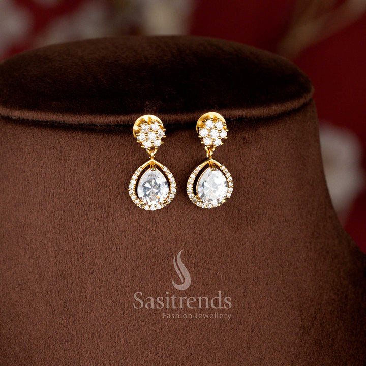 Close-up View of Matte Gold Plated Floral Chain with American Diamond Teardrop Pendant - Sasitrends