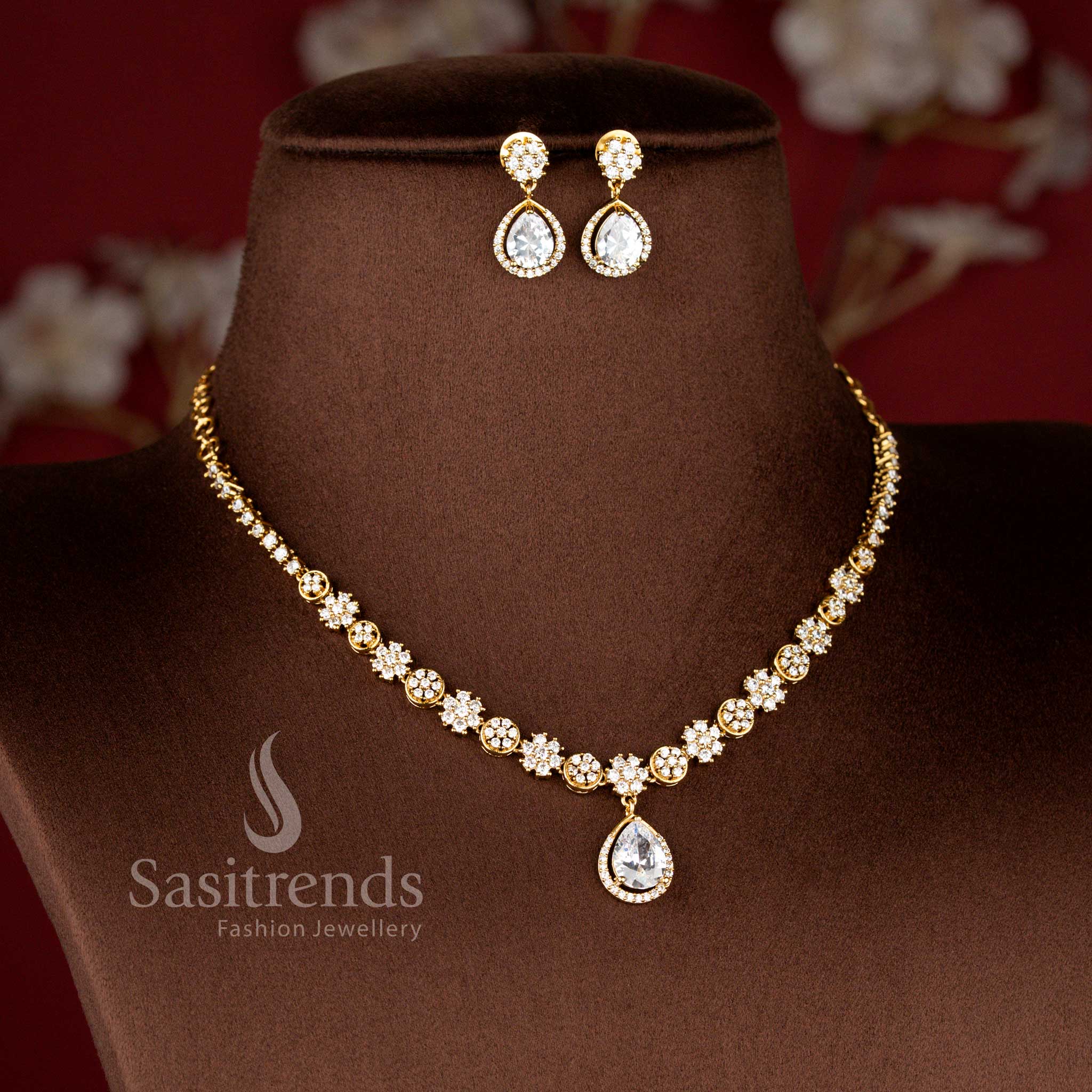 Matte Gold Plated American Diamond Floral Teardrop Necklace Set with Earrings for Women - Sasitrends