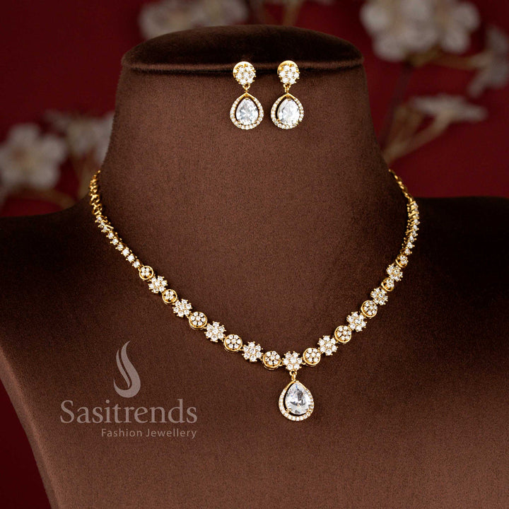Matte Gold Plated American Diamond Floral Teardrop Necklace Set with Earrings for Women - Sasitrends