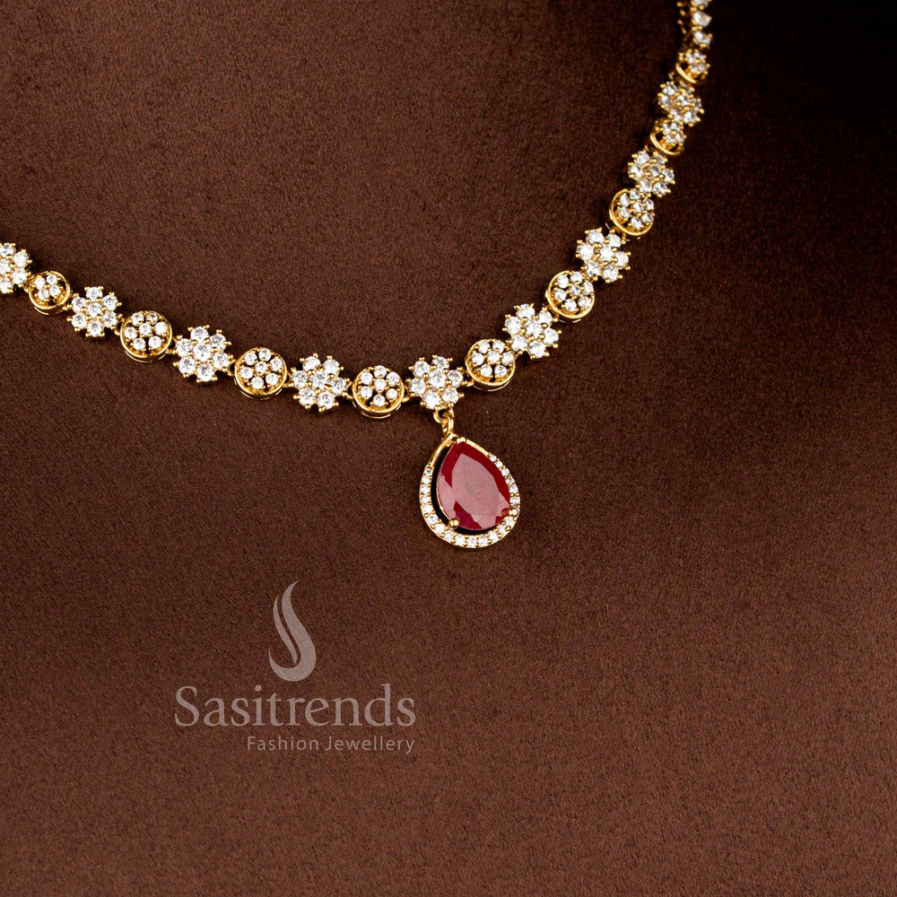 Elegant Matte Gold Plated American Diamond Floral Necklace Set with Teardrop Pendant for Wedding and Festive Wear - Sasitrends