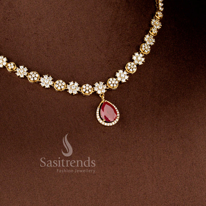 Elegant Matte Gold Plated American Diamond Floral Necklace Set with Teardrop Pendant for Wedding and Festive Wear - Sasitrends
