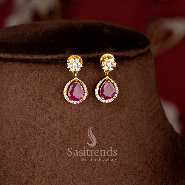 Matte Gold Plated American Diamond Floral Teardrop Necklace Set with Earrings for Women - Sasitrends